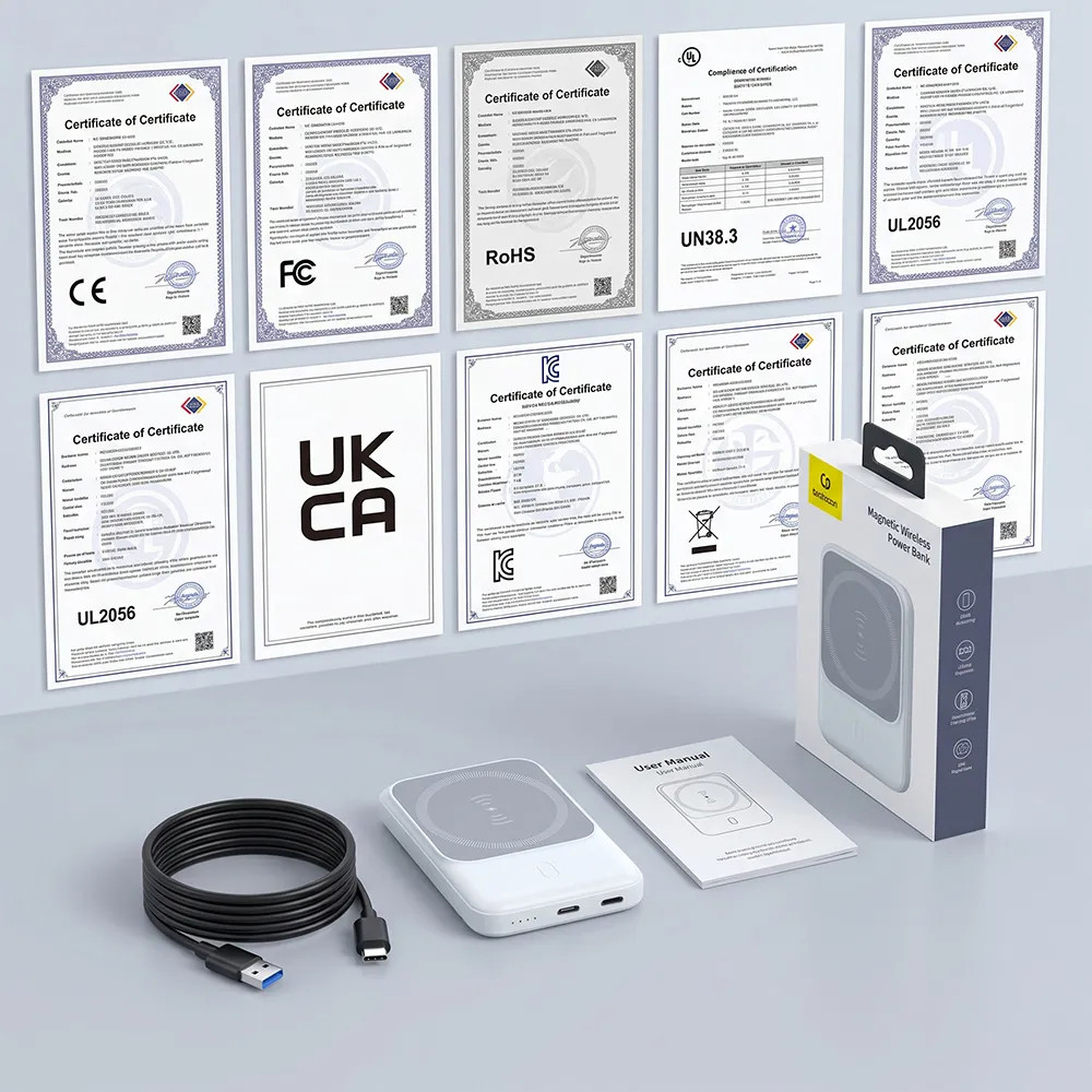 Full certification documentation for Mini Magnetic Power Bank including CE, FCC, UKCA, ROHS, UN38.3