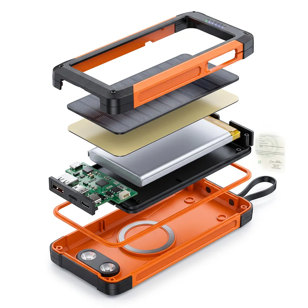 Exploded layers showing shell, solar panel, battery cell, PCBA and magnetic module