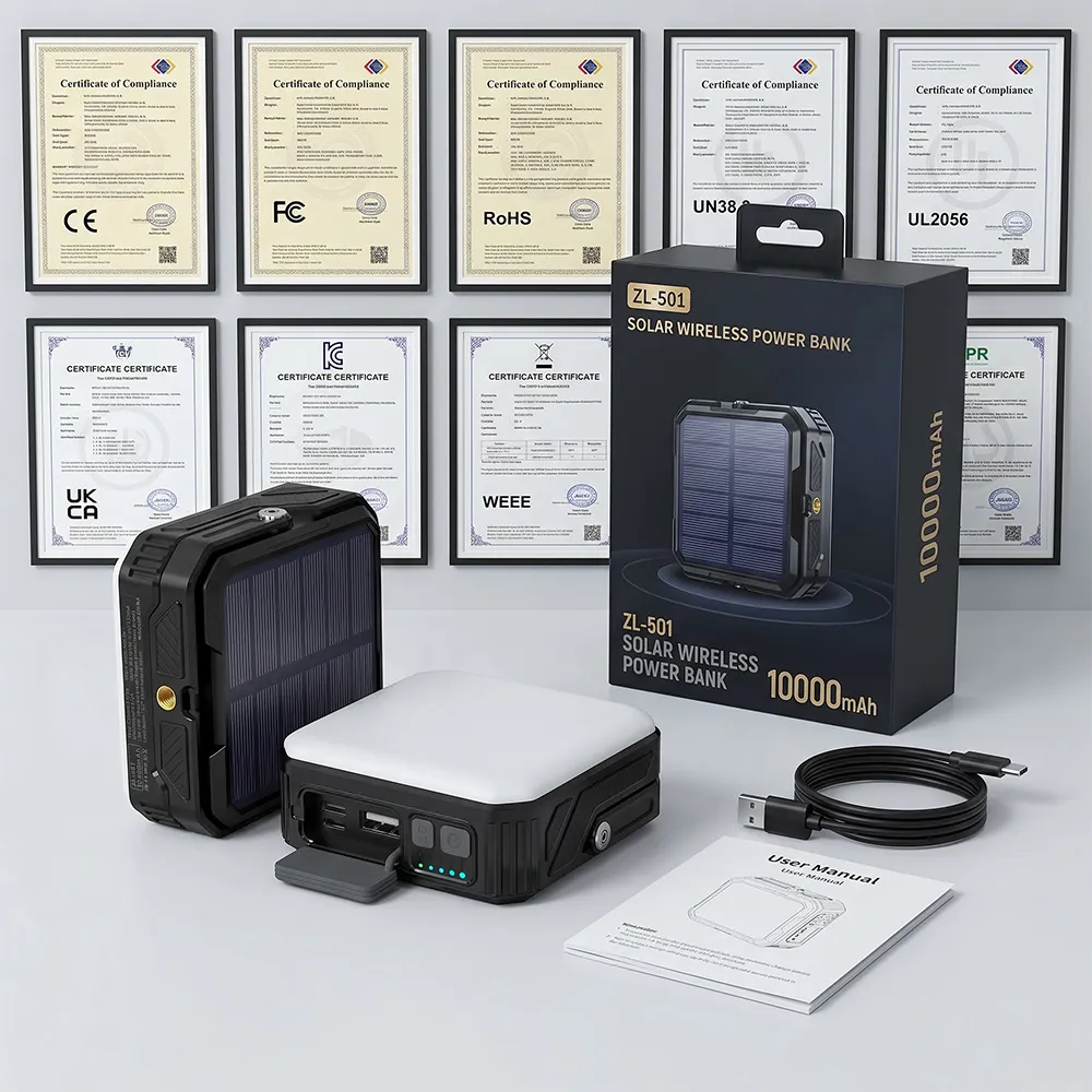 Camp Solar Power Bank retail package and compliance certifications wall