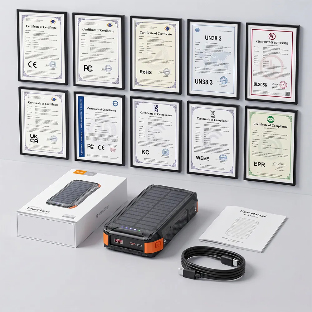 Built-in Cables MagSafe Solar Power Bank packaging, cable, manual and certification wall reference