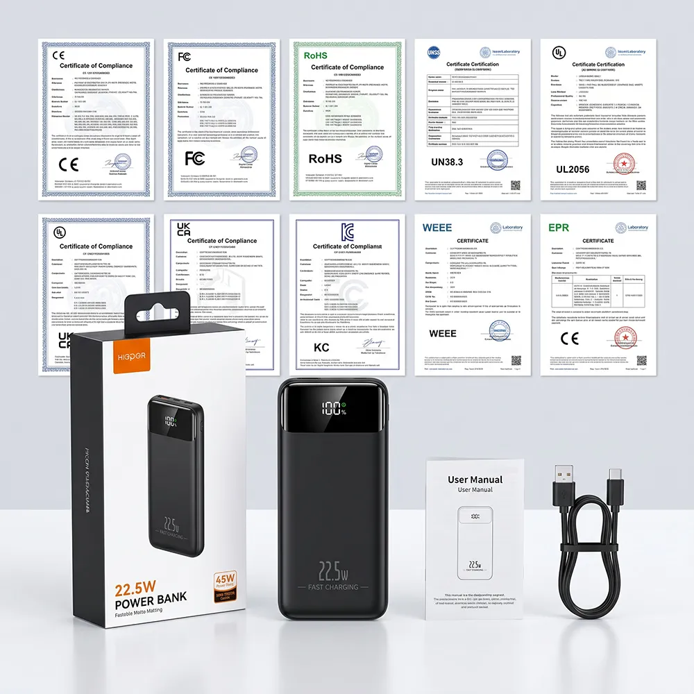 Slim Power Bank package, user manual, cable and international certifications layout