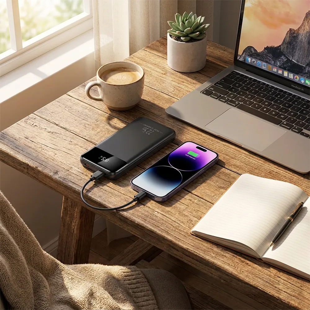 Slim Power Bank lifestyle desktop charging scene with phone and laptop