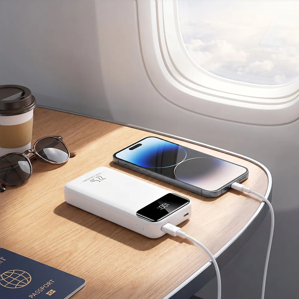 Portable Power Bank lifestyle travel charging scene in airplane