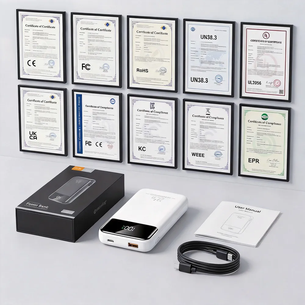 Portable Power Bank packaging box, manual, cable and compliance framed certifications