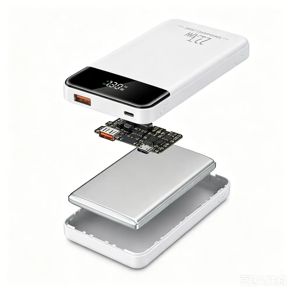 Exploded view of cable-ready fast-charge power bank showing internal structure