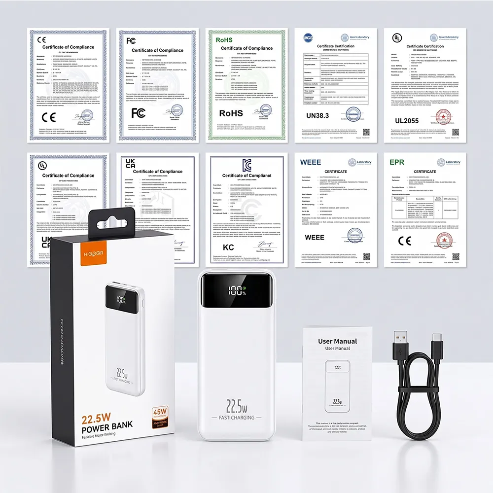 Multi-Charger power bank packaging boxes, retail user manual, and international compliance certificates