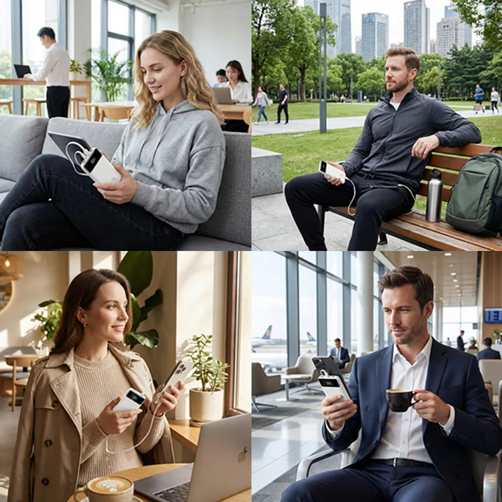 Multi-charger power bank application in various lifestyle scenarios including office, outdoor, cafe, and airport travel