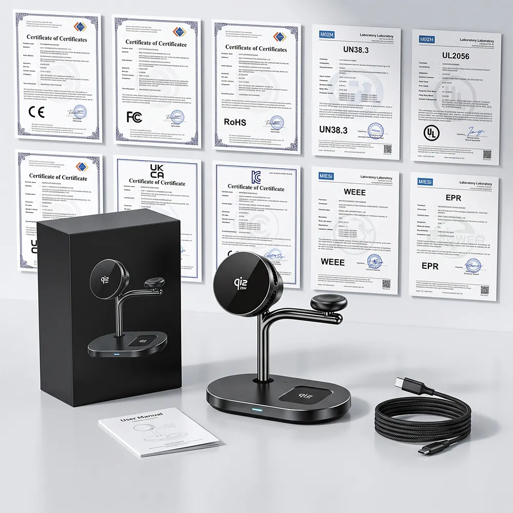 3-in-1 Wireless charging station package and certifications display