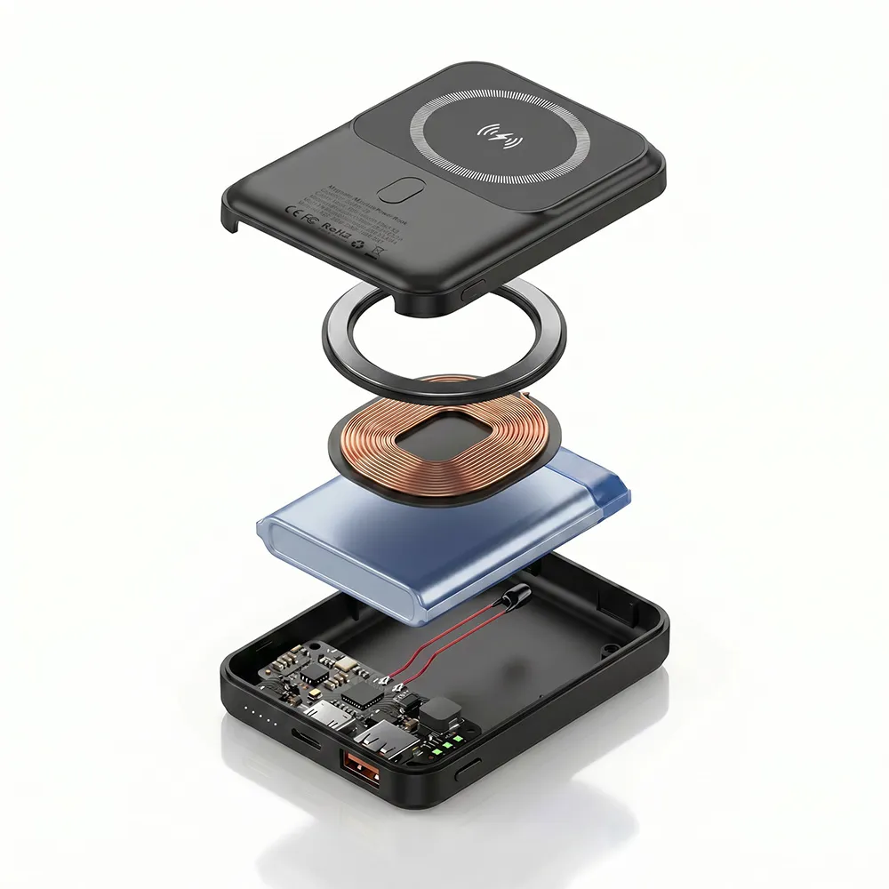 Exploded view of the Magnetic Power Bank showing internal engineering