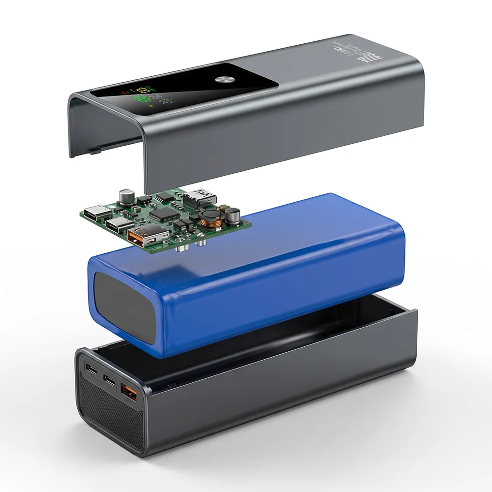 Exploded product view showing battery, PCBA and ABS metallic-finish shell