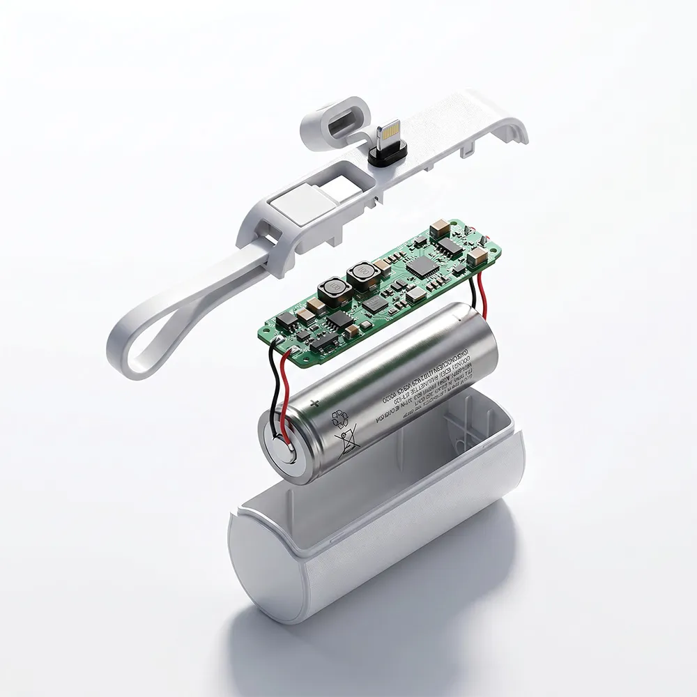 Exploded view of the V10 power bank showing shell, PCBA and battery