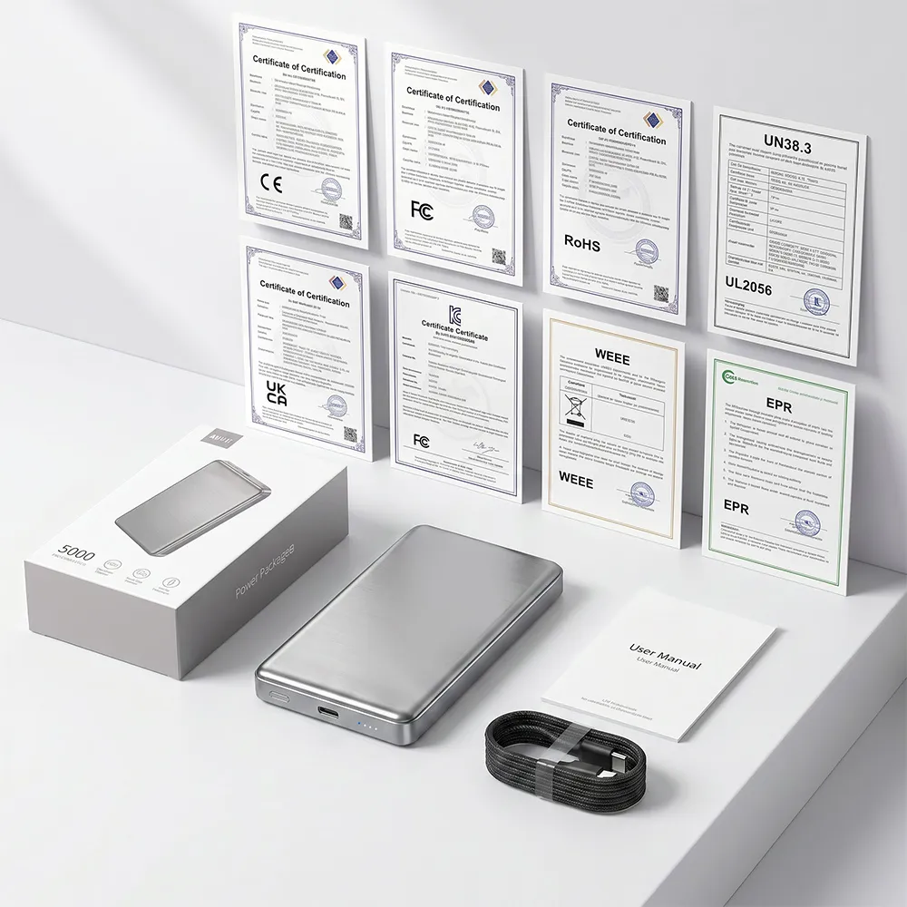 Magnetic Power Bank certifications, manual, type-c fast cable, and premium retail packaging assets