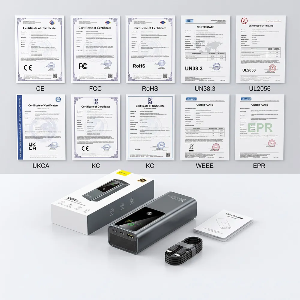 100W Laptop Power Bank package, 1m 100W cable, manual and certification presentation