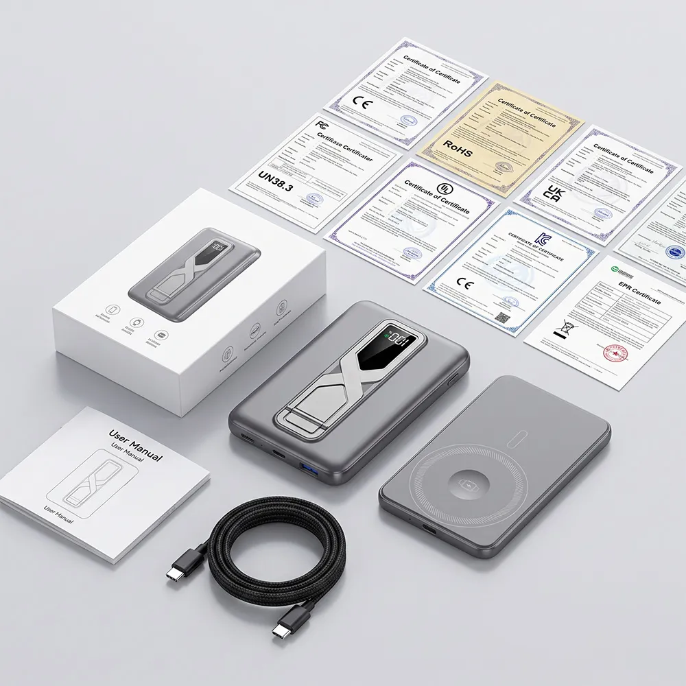 Package accessories and certificates for 3 in 1 Magnetic Power Bank with LCD and Stand