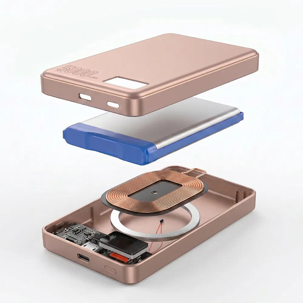Exploded view of the LCD Magnetic Power Bank showing internal engineering