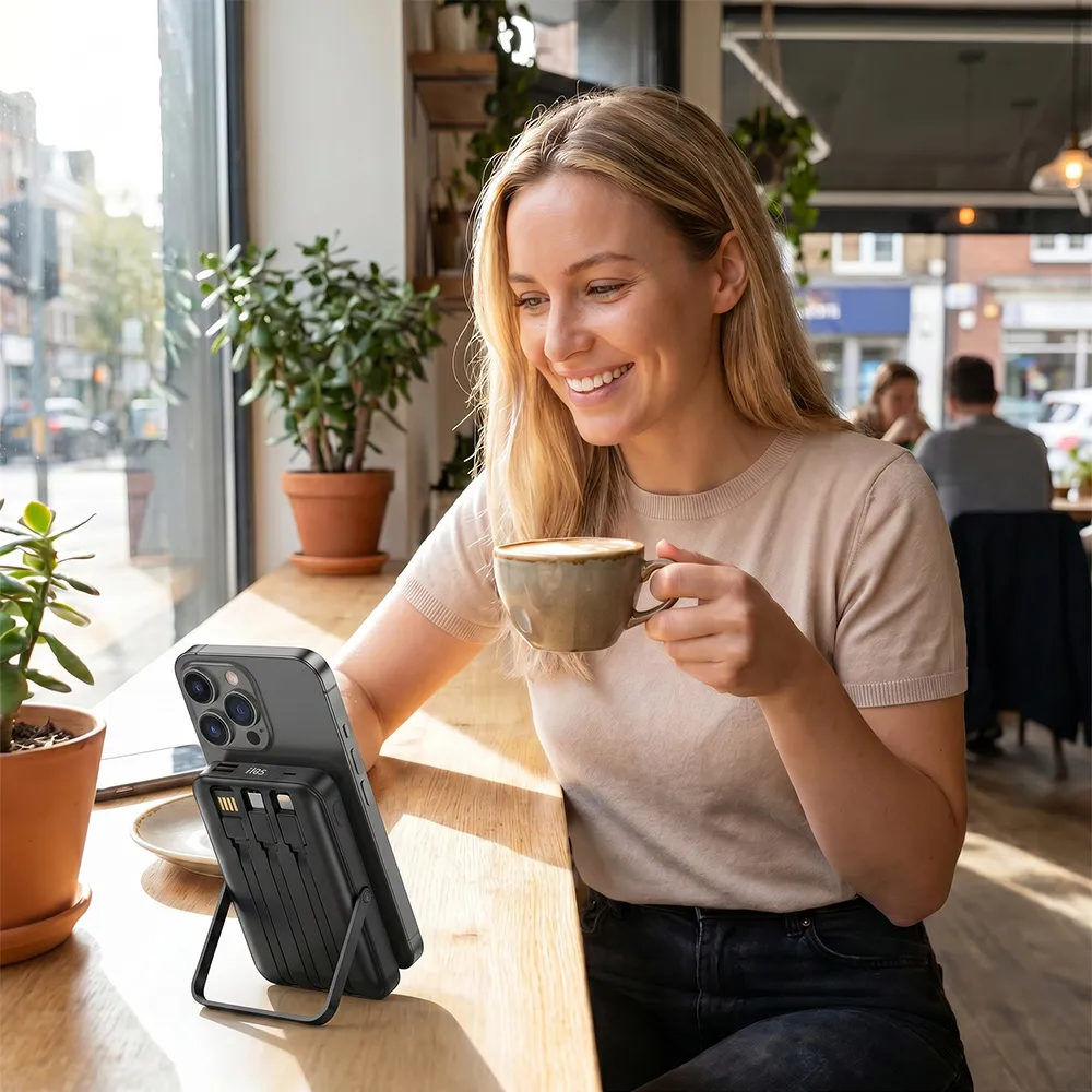Phone Holder Magnetic Power Bank used in a cafe with a phone stand
