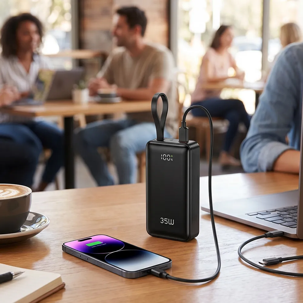 35W laptop power bank lifestyle scenario charging phone and laptop