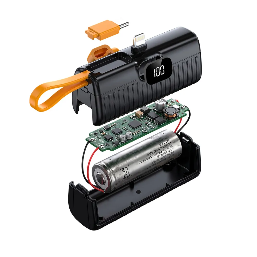 Exploded view of the Mini Power Bank V12 showing the PCBA, battery and ABS shell