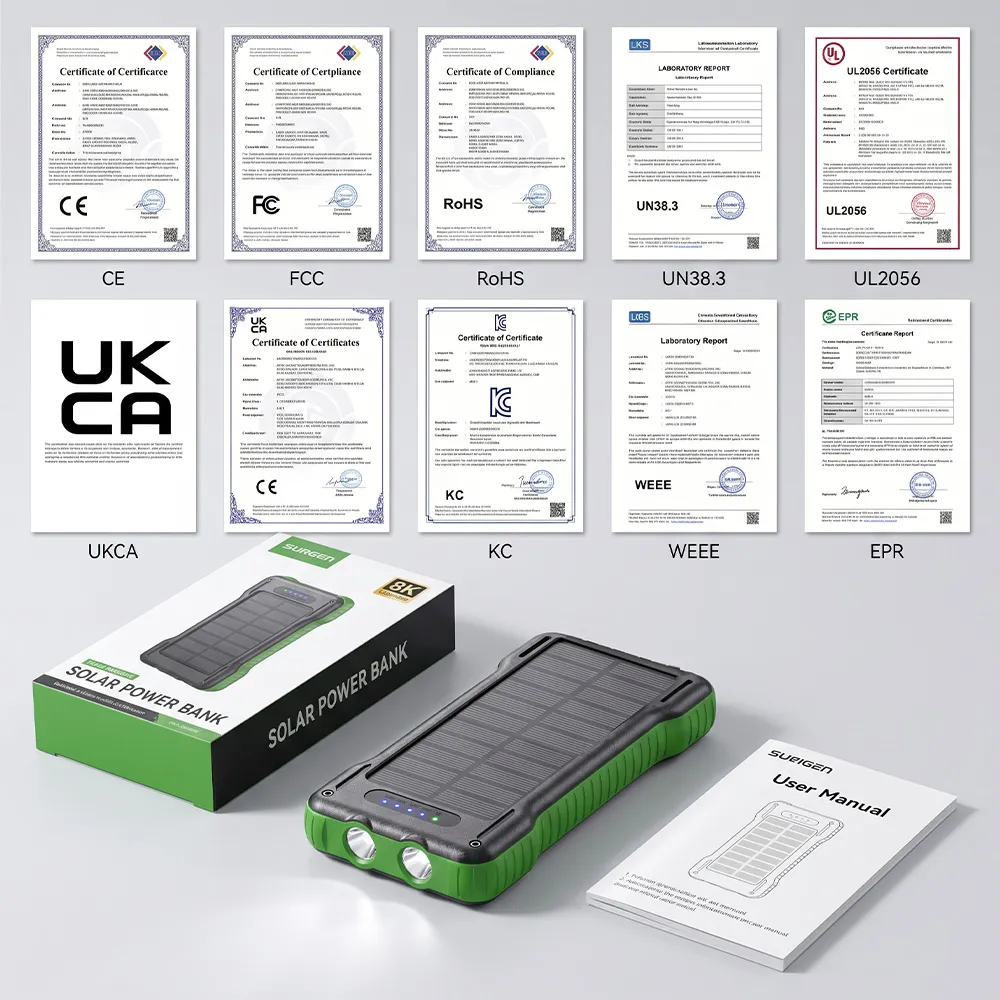 Slim Solar Power Bank package and certification documents