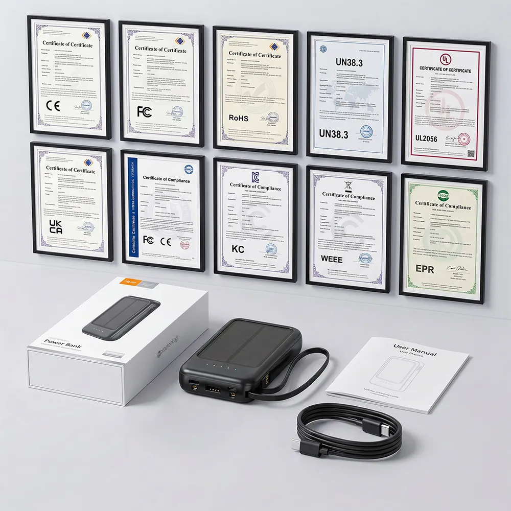 Built in Cable Solar Power Bank package and certification documents