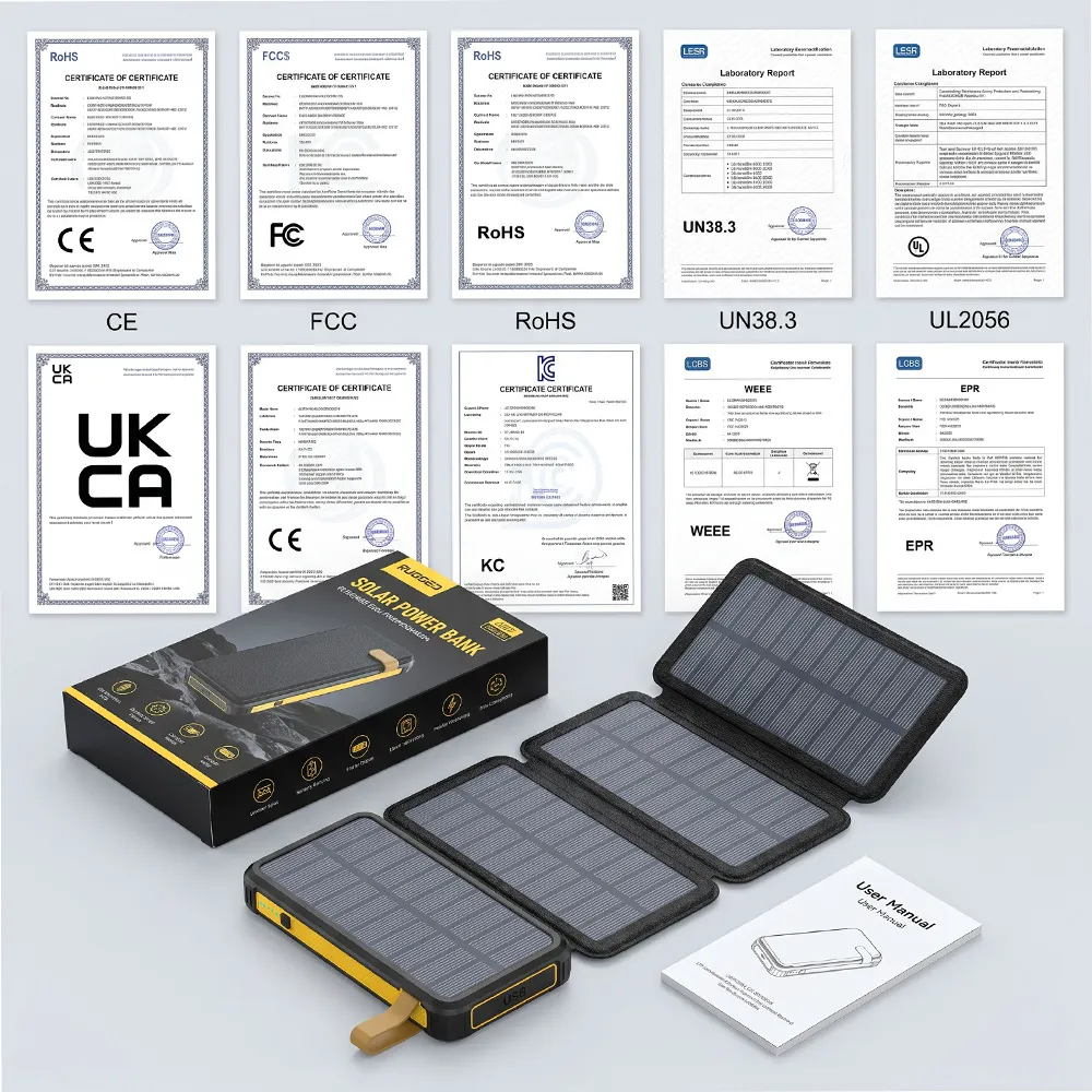 Fold Solar Power Bank package, manual and certification documents