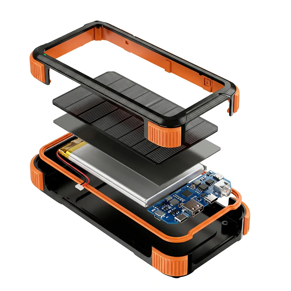 Wireless Solar Power Bank exploded structural view showing PCBA, solar panel and rugged shell