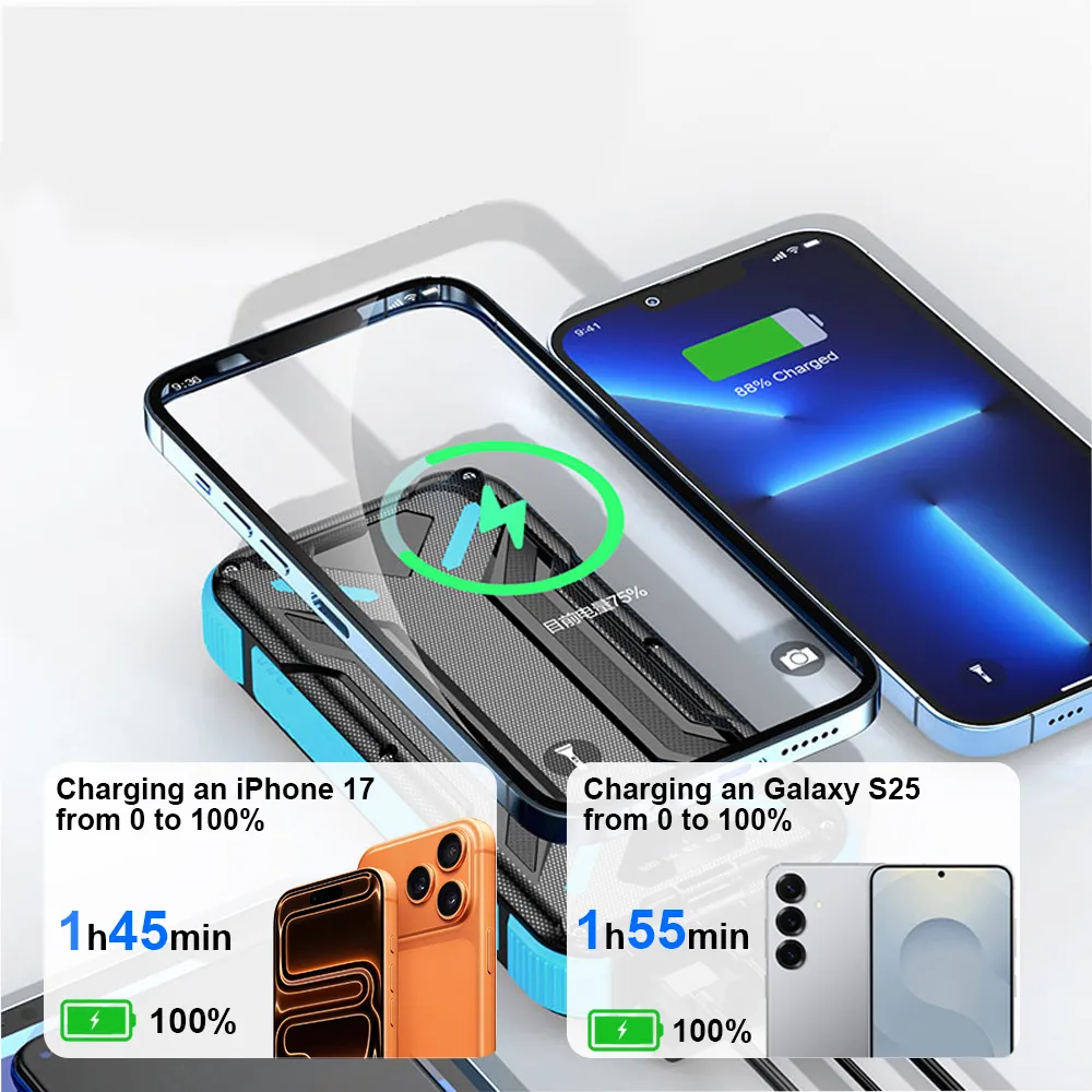 Wireless Solar Power Bank charging experience showing wired and wireless multi-device support