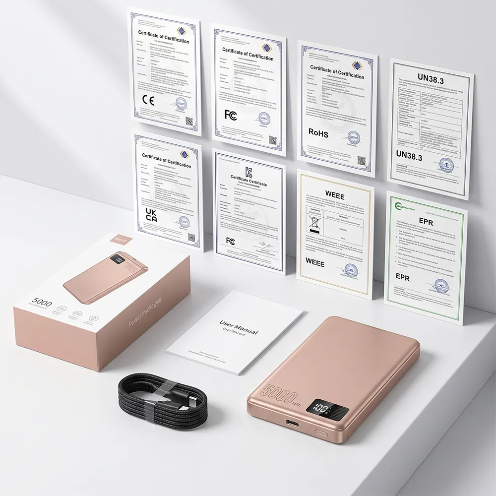 Full certification documentation for LCD Magnetic Power Bank including CE, FCC, UKCA, ROHS, WEEE, EPR, UN38.3