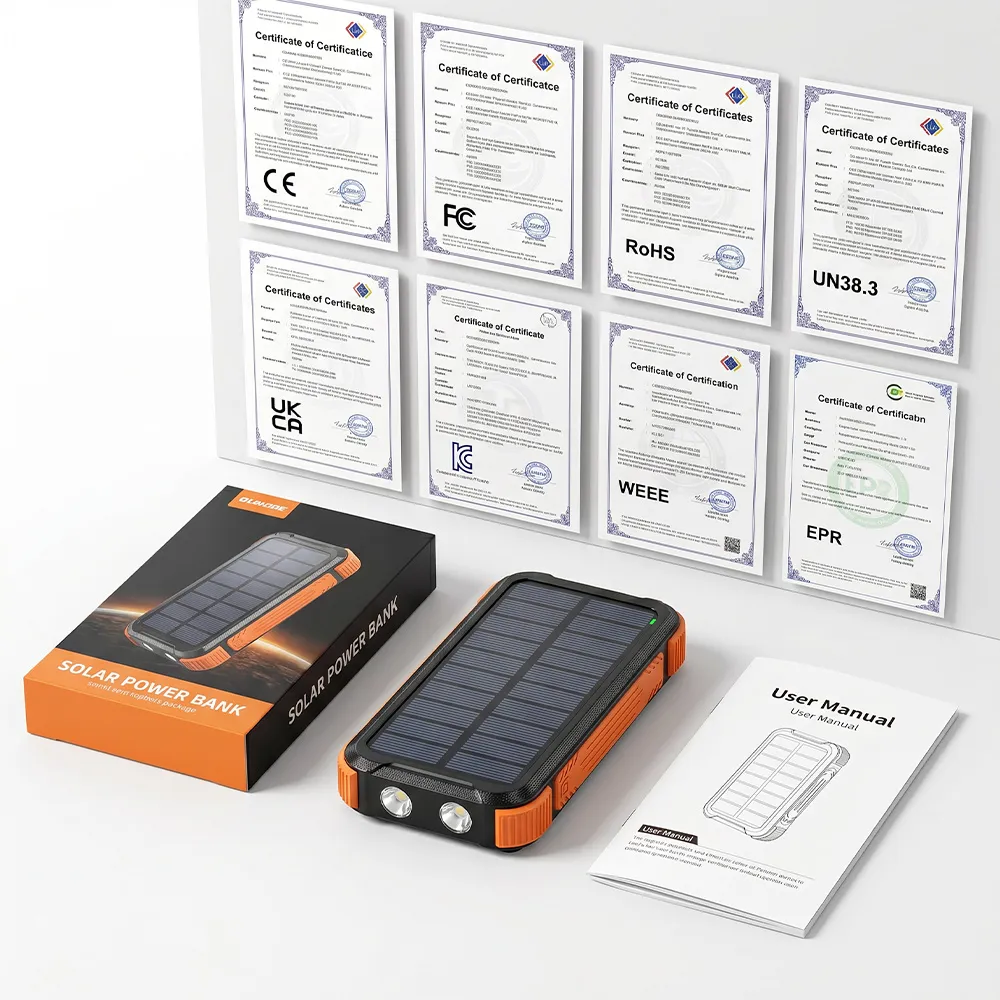 Wireless Solar Power Bank brand protection certificates, retail box and user manual setup