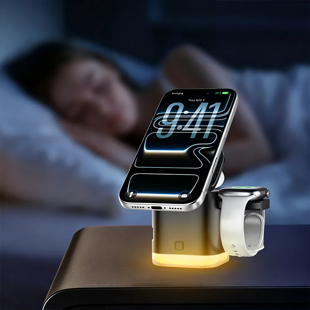 Magnetic charging station with phone, watch and ambient light in a night setting