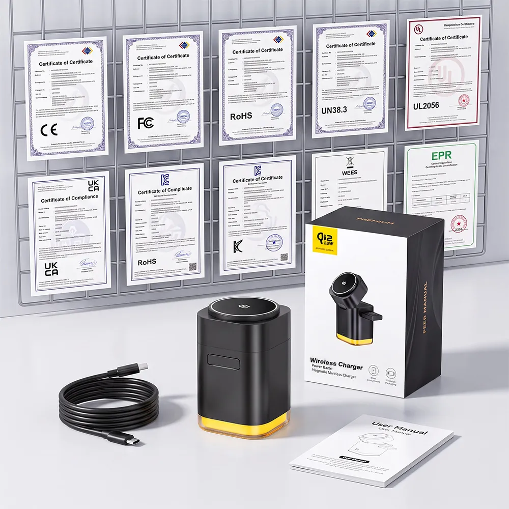 Wireless charger, Type-C cable, user manual, retail box and certification display