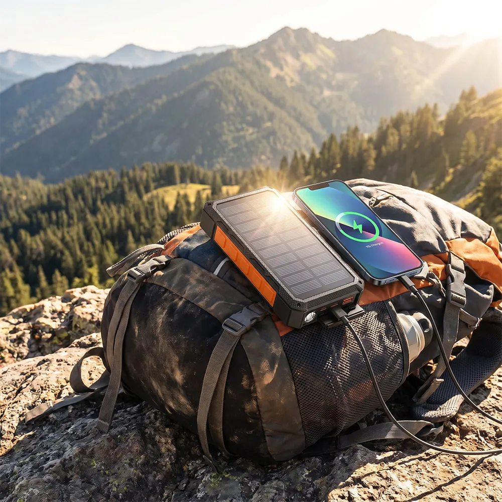 35W Solar Power Bank charging outdoors on a hiking backpack