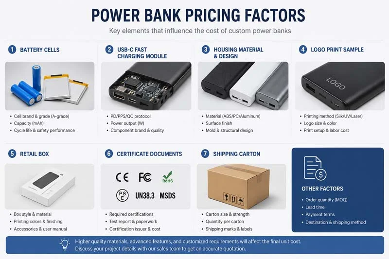 Custom Power Banks with Logo pricing factors including battery, packaging, and certification
