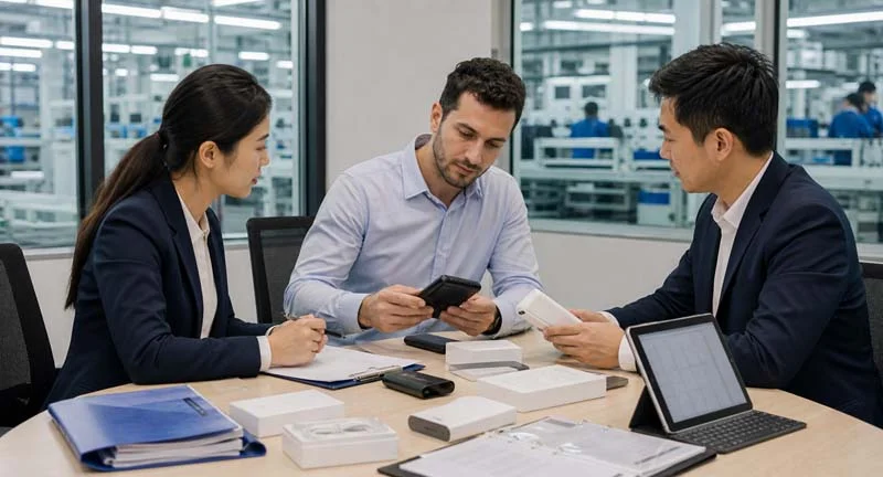 Global buyer evaluating OEM power bank samples and factory quotation documents