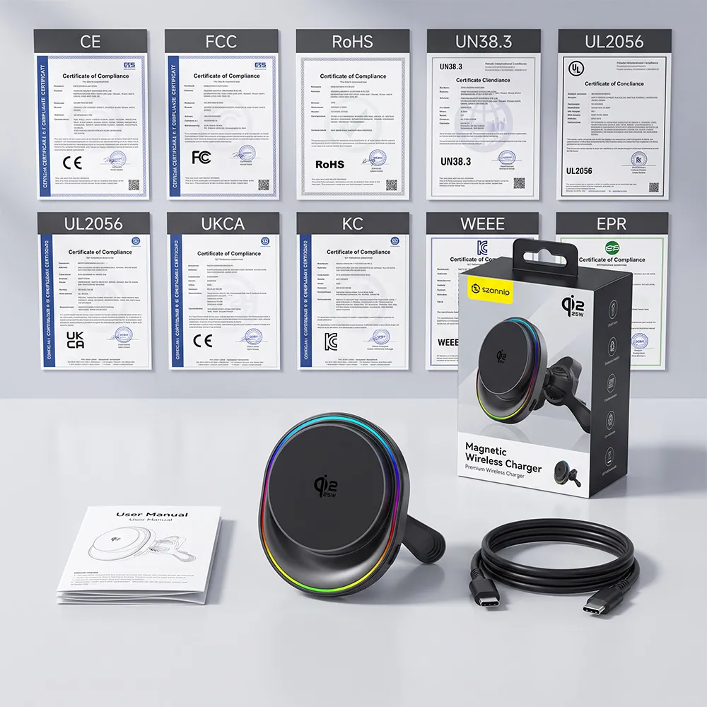 C81 wireless charger packaging and certifications display