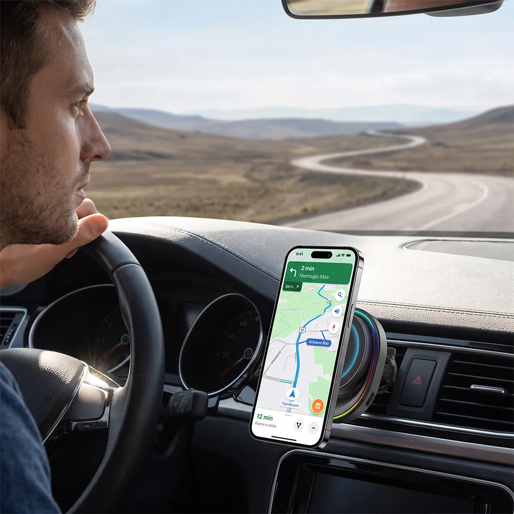 C81 magnetic wireless car charger in use for in-car navigation